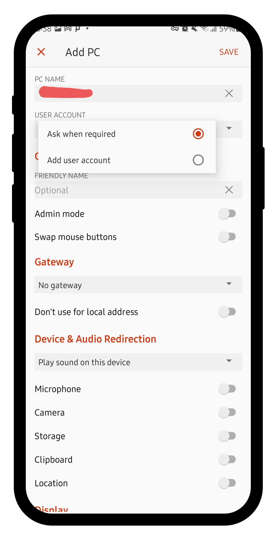 Add the Android RDP Connection Credentials