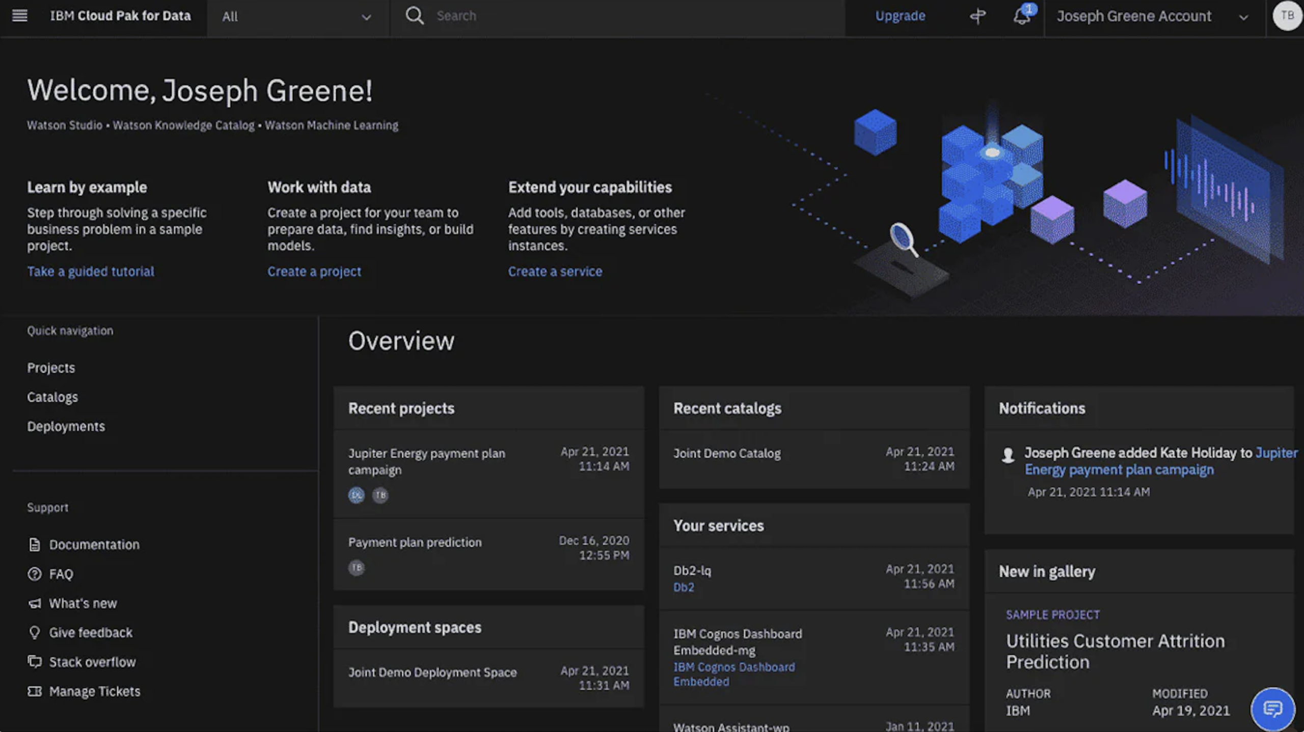  Picture of IBM Cloud Pak’s overview of recent projects, catalogs, deployment spaces, etc.