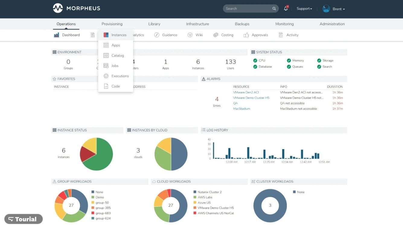 Image of Morpheus CMP visualizing instances, workloads, and log history.